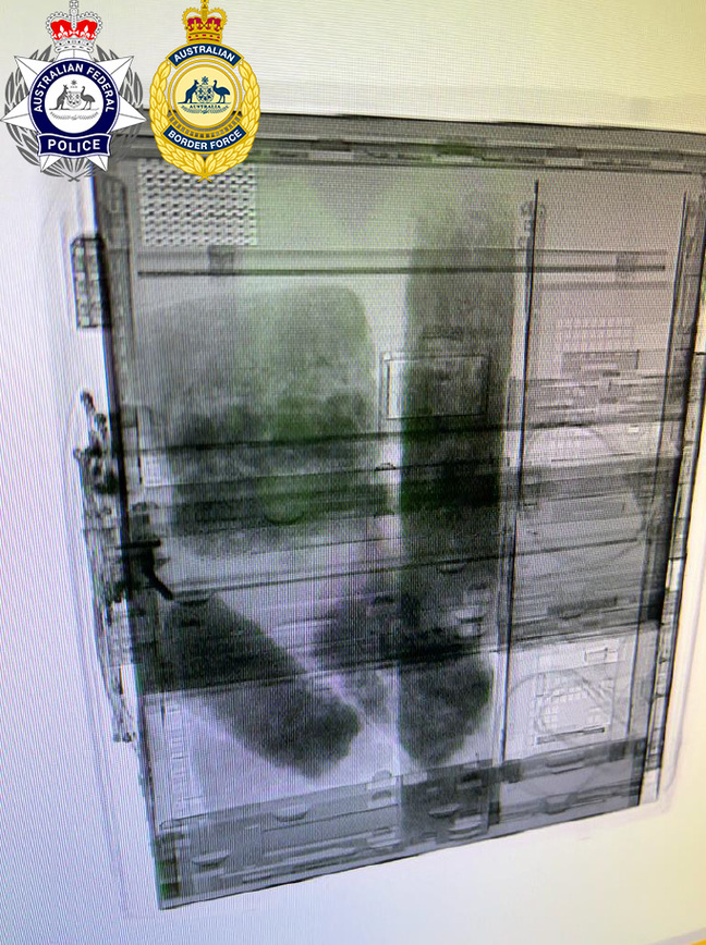 X-ray of PC allegedly containing methamphetamine. Image: Australian Federal Police and Australian Border Force.