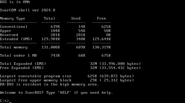 It's DOS. Who will ever need more than 640kB? But SvarDOS leaves a lot of that free for use. 